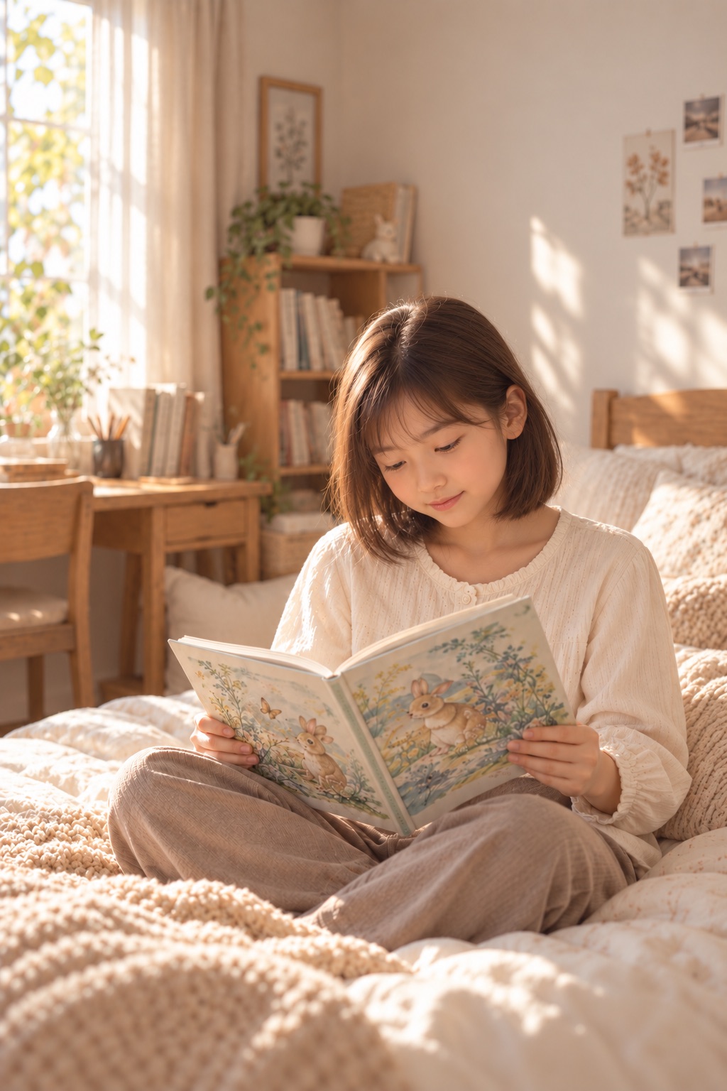 部屋の柔らかな光の中で、一人静かに絵本を読む少女