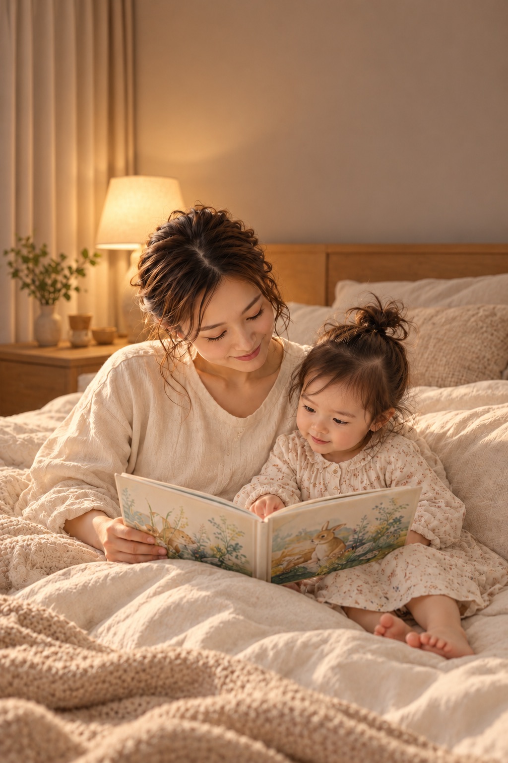 暖かな灯りの下、ベッドで絵本を読むお母さんと幼い子ども